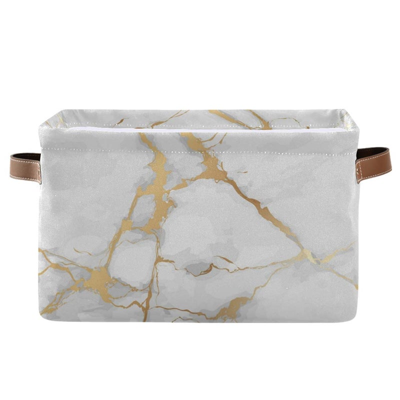 Toprint White Gold Marble Storage Basket Bin Large Fabric Toys Storage Cube Box with Handles Collapsible Closet Shelf Cloth Organizer Basket for Nursery Bedroom - Image 1